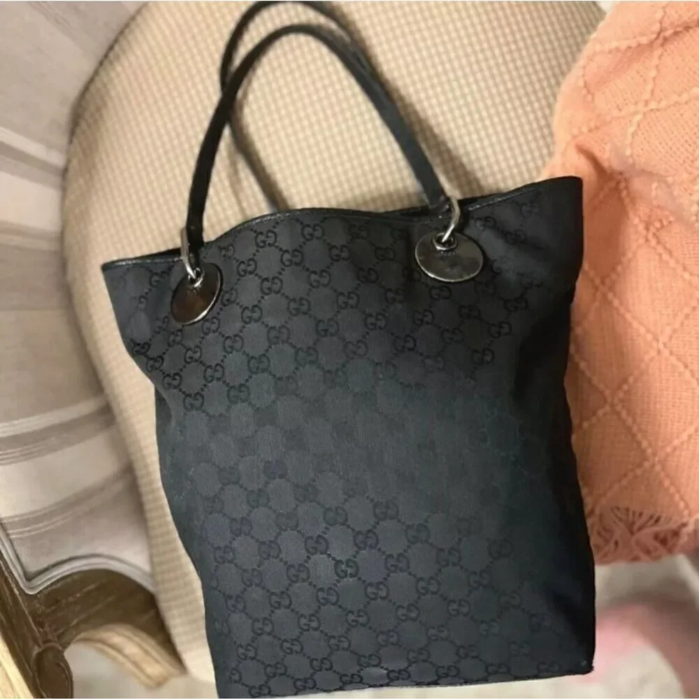 Authentic GUCCI BLACK ECLIPE  Monogram Fabric & LEATHER Tote Bag  120836-112958